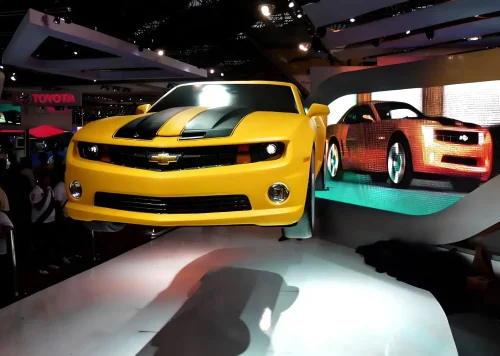 The flying Chevrolet Camaro at the Sao Paulo car show.