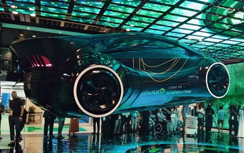 Etisalat's flying futuristic car at their GITEX stand in Dubai.