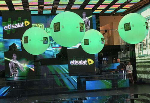 Etisalat autonomous flying orbs show at GITEX trade show in Dubai.