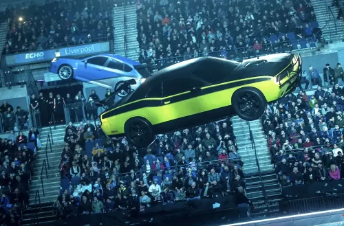 The flying Dodge Challenger and Subaru operated at the Fast & Furious Live Show in Europe.