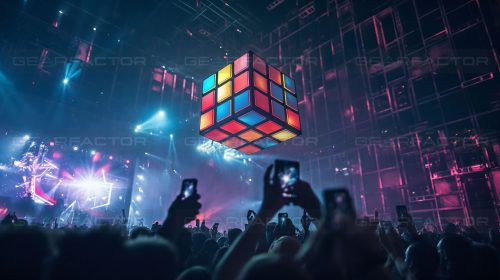 Realistic Rubik's Cube-shaped flying object concept for set design in concert tours and theatrical productions.